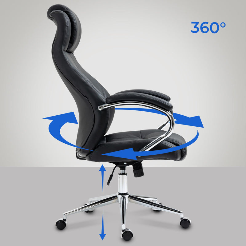 Bürostuhl mit Echtleder & Kopfstütze höhenverstellbar mit Wippfunktion Metallgestell 136 kg belastbar