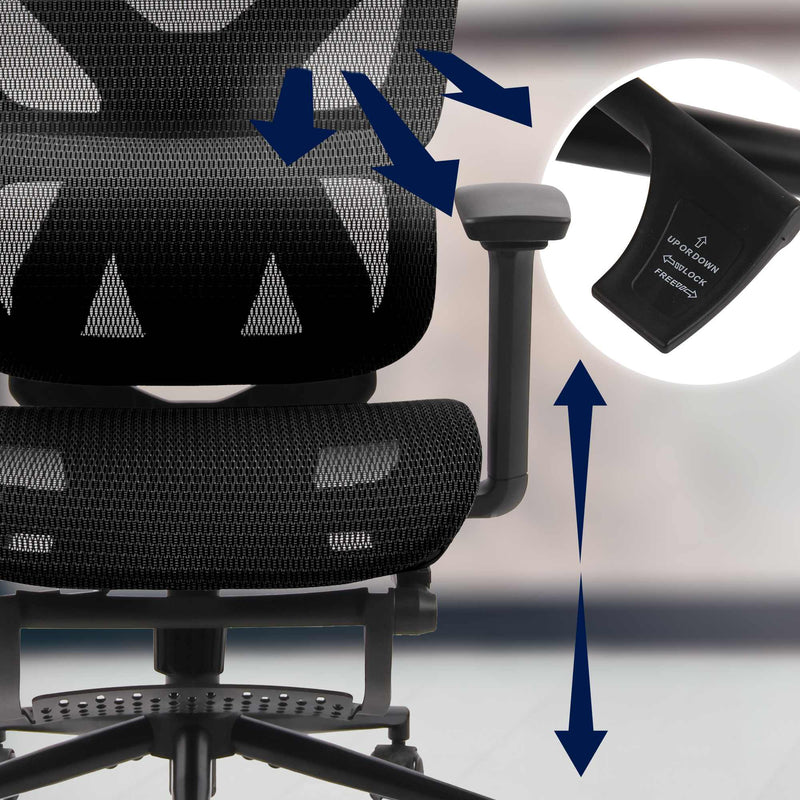 Bürostuhl mit Kopfstütze & Fußstütze 3 fach verstellbare Rückenlehne Mesh Bezug 120 kg