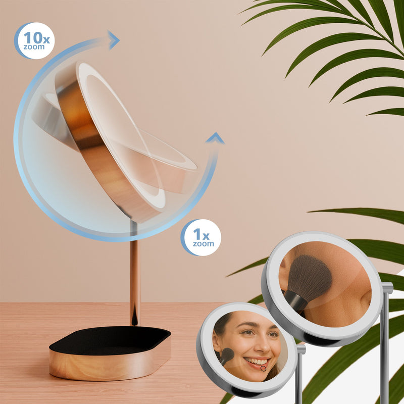 Schminkspiegel mit LED Beleuchtung 3 Farben 360° drehbar & 10x Vergrößerung USB-C inkl. Ablagefach