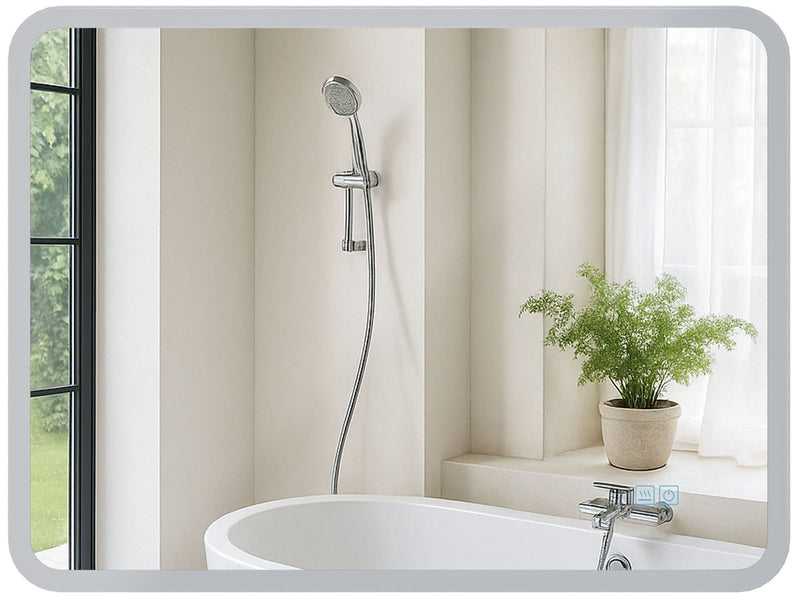 Badezimmerspiegel mit LED Beleuchtung und Anti-Beschlag Funktion. IP44 Spritzwasserschutz, 3 Lichtfarben, dimmbar. Touch-Bedienung für Beleuchtungseinstellungen.