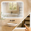 Badezimmerspiegel mit LED Beleuchtung und Anti-Beschlag Funktion. IP44 Spritzwasserschutz, 3 Lichtfarben, dimmbar. Touch-Bedienung für Beleuchtungseinstellungen.