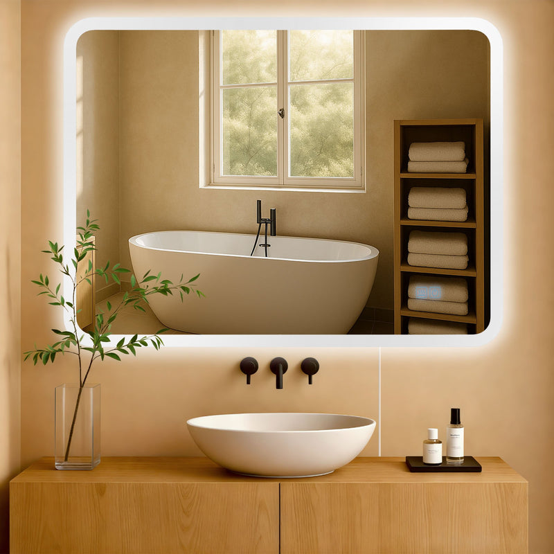 LED Badspiegel Spiegel mit Beleuchtung & Berührungssensor 2x Steckdosen Spritzwasserschutz IP44 Für Badezimmer & WC Weiß