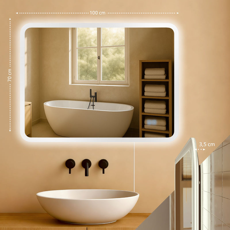 LED Badspiegel Spiegel mit Beleuchtung & Berührungssensor 2x Steckdosen Spritzwasserschutz IP44 Für Badezimmer & WC Weiß