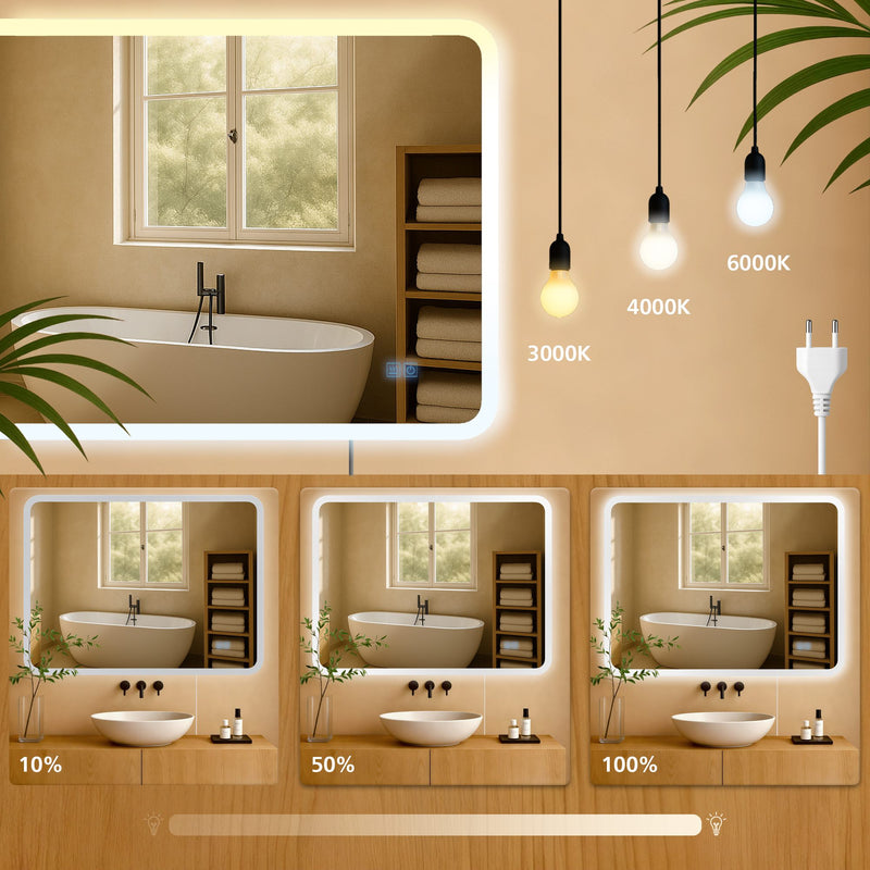 Badezimmerspiegel mit LED Beleuchtung und Anti-Beschlag Funktion. IP44 Spritzwasserschutz, 3 Lichtfarben, dimmbar. Touch-Bedienung für Beleuchtungseinstellungen.