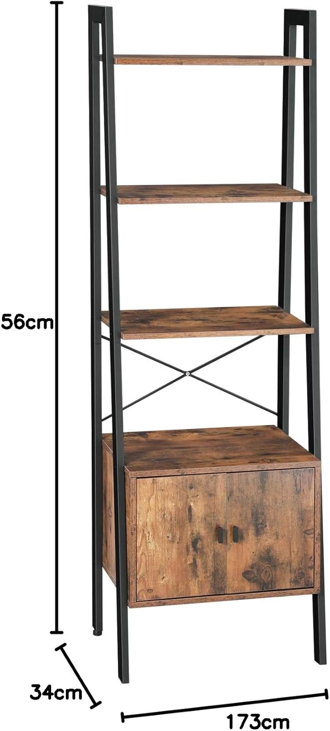 Leiterregal, Bücherregal mit Schrank, Wohnzimmerregal, 4 Einlegeböden, stabiler Eisenrahmen, Schlafzimmer, Büro, 56 x 34 x 173 cm, Industriedesign, Rustikal Braun