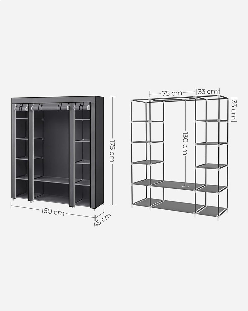 Tragbarer Kleiderschrank, faltbarer Schrank, Kleideraufbewahrung mit Kleiderstange, Regalen, Stoffbezug, für Schlafzimmer, Garderobe, 150 x 45 x 175 cm, Grau