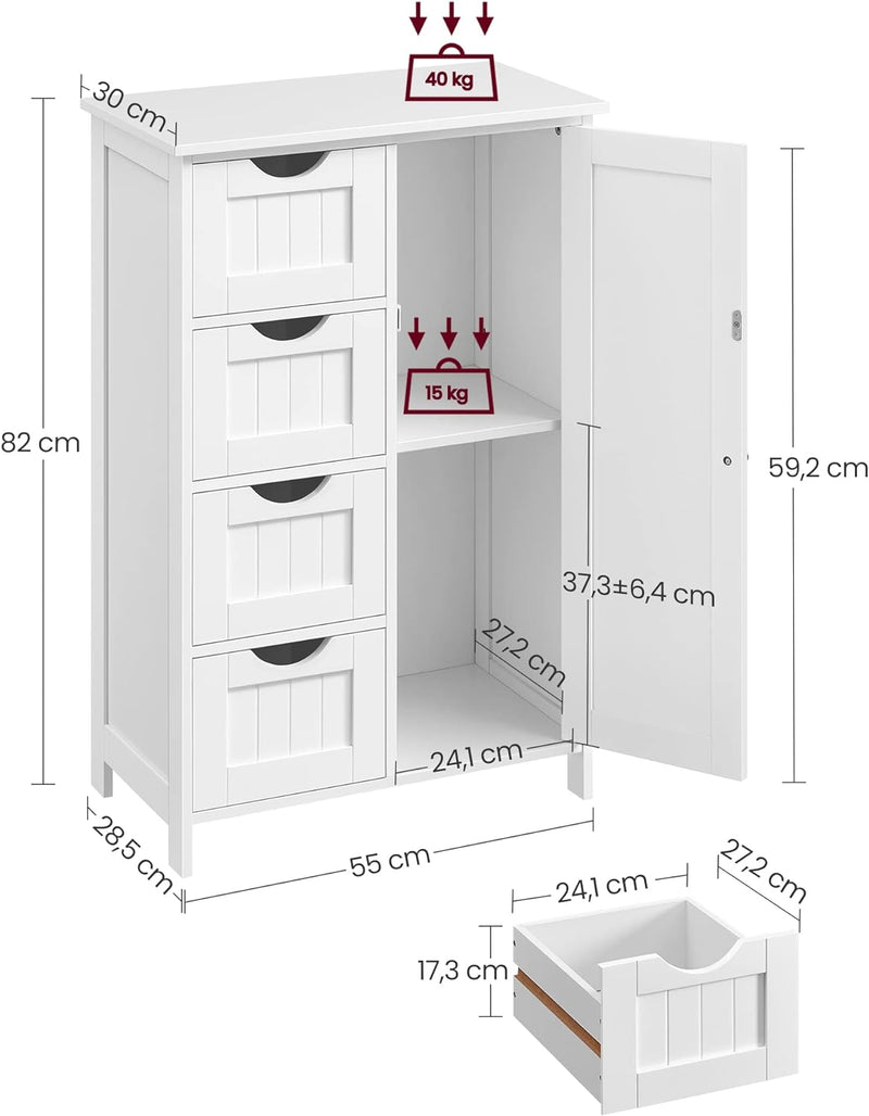 Badezimmerschrank, schmaler Badschrank, Beistellschrank, Kommode, mit 4 Schubladen, Schranktür, verstellbare Ablage