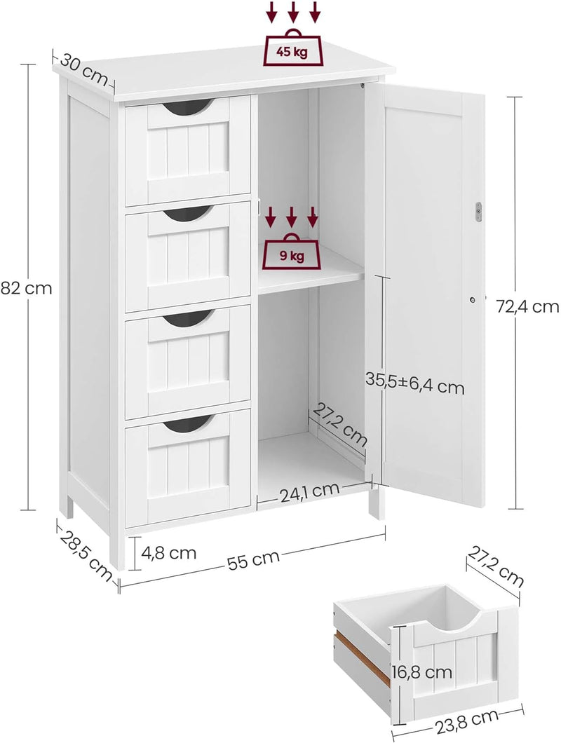 Badezimmerschrank, schmaler Badschrank, Beistellschrank, Kommode, mit 4 Schubladen, Schranktür, verstellbare Ablage