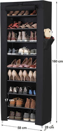 Stoffregal mit 10 Etagen, Schuh-Organizer, großes Fassungsvermögen, einfache Montage, staubdicht, 58 x 28 x 160 cm, Schwarz