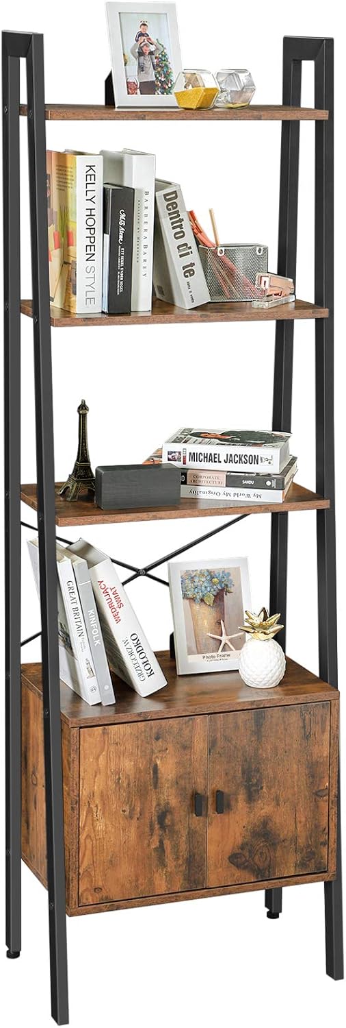 Leiterregal, Bücherregal mit Schrank, Wohnzimmerregal, 4 Einlegeböden, stabiler Eisenrahmen, Schlafzimmer, Büro, 56 x 34 x 173 cm, Industriedesign, Rustikal Braun