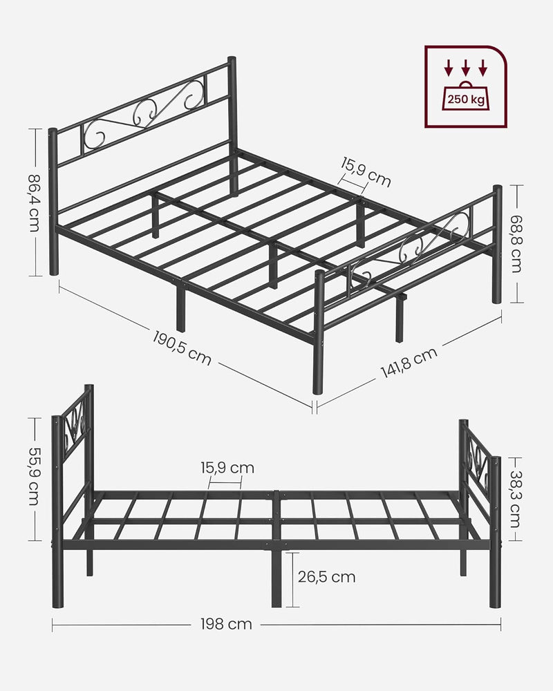 Doppelbettgestell, Metallbettgestell, passend für 140 x 190 cm große Matratzen, für Erwachsene, Kinder, Kinder, kein Boxspringbett erforderlich, einfache Montage