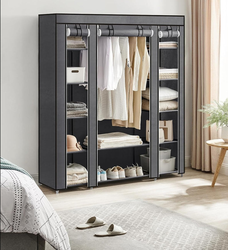 Tragbarer Kleiderschrank, faltbarer Schrank, Kleideraufbewahrung mit Kleiderstange, Regalen, Stoffbezug, für Schlafzimmer, Garderobe, 150 x 45 x 175 cm, Grau