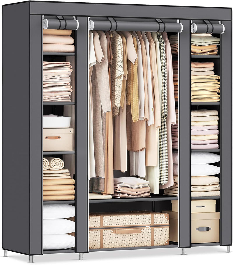 Tragbarer Kleiderschrank, faltbarer Schrank, Kleideraufbewahrung mit Kleiderstange, Regalen, Stoffbezug, für Schlafzimmer, Garderobe, 150 x 45 x 175 cm, Grau