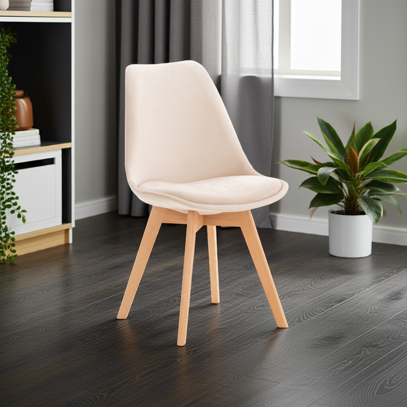 Moderner Esszimmerstuhl aus Kunststoff und Stoff mit Holzgestell