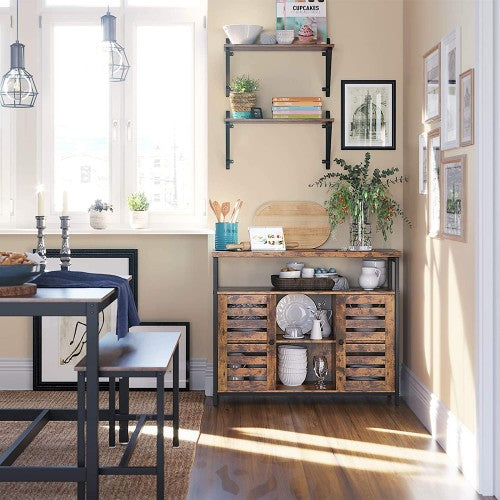 Floor Standing Cabinet, Küchenschrank mit Schrank und Regalen, Lamellentüren, für Esszimmer, Wohnzimmer, Flur, Schlafzimmer, Rustikales Braun und Schwarz