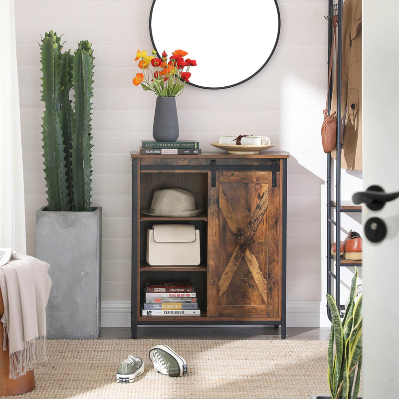 Sideboard, Küchenschrank mit Schiebetür und verstellbaren Regalebenen, Badezimmerschrank, Wohnzimmer, Flur, Küche, Homeoffice, Stahlgestell, Industriestil, vintagebraun-schwarz