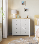 Kommode mit 8 Schubladen, Stoff, Hellgrau-Weiß, Metallrahmen