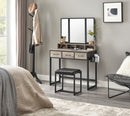 Schminktisch mit gepolstertem Hocker, Dreifachspiegel, 3 Schubladen, Haartrocknerhalter, Topf, Industriestil, Grau und Schwarz
