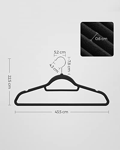 Velvet Hangers, Set of 20 Clothes Coat Hangers, Non-Slip, with Tie Bar and 360° Swivel Hook, Space-Saving, 0.6 cm Thick, 43.5 cm Long, for Dresses Trousers, Black CRF20B