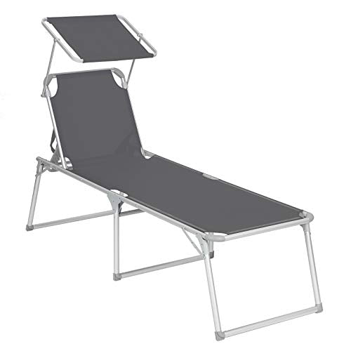 Sun Lounger, Sunbed, Large Reclining Sun Chair, 65 x 200 x 48 cm, Load Capacity 150 kg, with Reclining Backrest, Sunshade, Foldable, for Garden, Balcony, Terrace, Grey GCB26GY