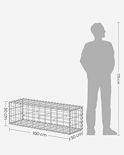 Gabion Basket, Metal Gabion Cage with 5 x 10 cm Mesh for Stones, Galvanised, Garden Decor Wall Partition, 100 x 30 x 30 cm, Silver GGB133