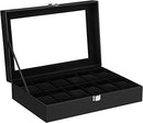Watch Box with 12 Slots, Watch Case with Glass Lid, Watch Display Box with Removable Watch Pillows, Metal Clasp, Gift Idea, Black Synthetic Leather, Black Lining JWB12B