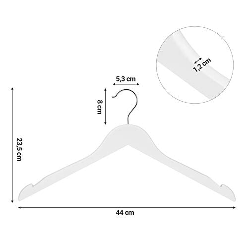 Kleiderbügel, 20er-Pack Kleiderbügel aus Holz mit eingekerbten Schultern, Kleiderbügel aus Massivholz, 360° drehbarer Haken, rutschfest, 44 cm lang, Weiß