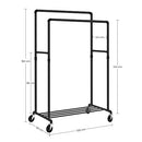 Industrial Pipe Clothes Rack on Wheels, Maximum load of 110 Kg, Double Hanging Rail, Heavy Duty Metal with Shelf, Commercial Grade, Black HSR60B