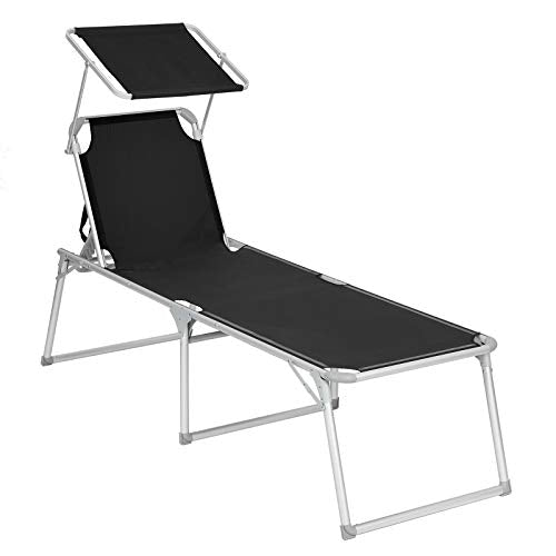 Sun Lounger, Sunbed, Large Reclining Sun Chair, 65 x 200 x 48 cm, Load Capacity 150 kg, with Reclining Backrest, Sunshade, Foldable, for Garden, Balcony, Terrace, Black GCB26BK