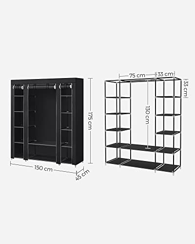 Tragbarer Kleiderschrank, faltbarer Kleiderschrank, Kleideraufbewahrungs-Organizer mit Kleiderstange, Regalen, Stoffbezug, für Schlafzimmer, Garderobe, 150 x 45 x 175 cm, Schwarz