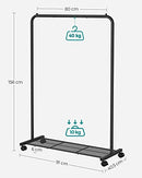 Clothes Rack on Wheels, Single-Rail Metal Garment Rack, with Storage Shelf, Top Rail Holds up to 40 kg, Black HSR25BK