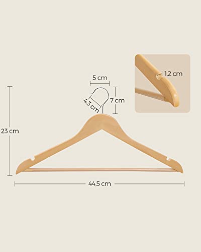 Holzbügel, Kleiderbügel, Kleiderbügel, mit Schulterkerben, rutschfester Hosenstange, 360° drehbarer Haken, für Anzüge, Hemden, Mäntel, Natur und Silber CRW001-20, 20 Stück