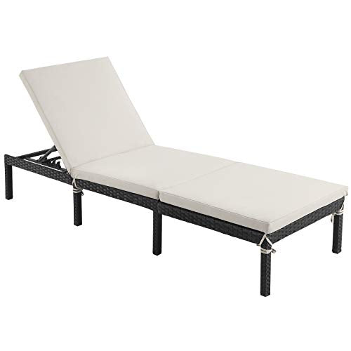 Sun Lounger, Sunbed with 5 cm Thick Mattress, Rattan-Like Surface, Reclining Backrest, 59 x 198 x 28 cm, Load Capacity 150 kg, for Garden, Terrace, Beige GCB27BRV1