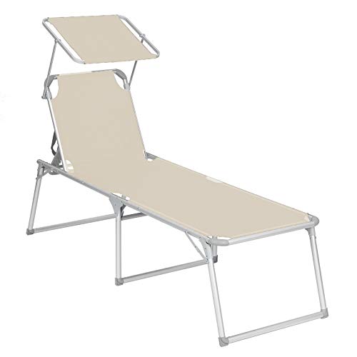 Sun Lounger, Sunbed, Large Reclining Sun Chair, 65 x 200 x 48 cm, Load Capacity 150 kg, with Reclining Backrest, Sunshade, Foldable, for Garden, Balcony, Terrace, Beige GCB26BE