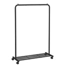 Clothes Rack on Wheels, Single-Rail Metal Garment Rack, with Storage Shelf, Top Rail Holds up to 40 kg, Black HSR25BK
