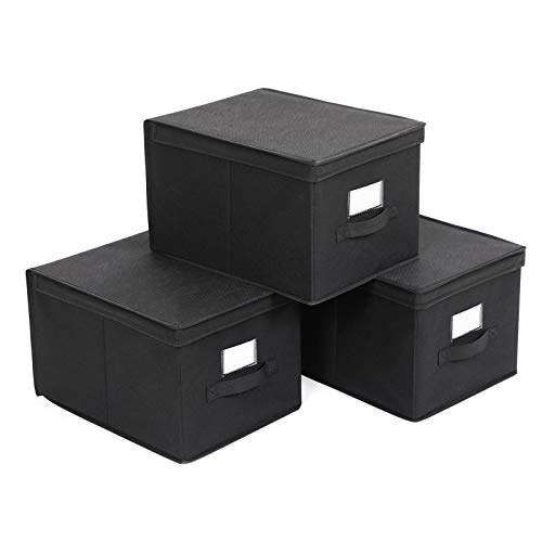 Set of 3 Foldable Storage Boxes with Lids, Fabric Cubes with Label Holders, Storage Bins Organiser, 40 x 30 x 25 cm, Black RFB03H