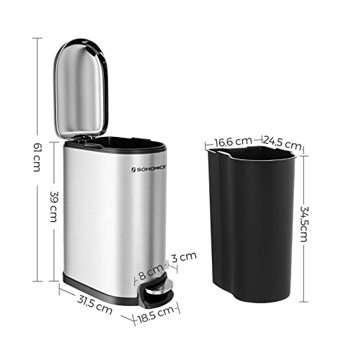 Slim Rubbish Bin, 10L Pedal Bin, Steel, Removable Inner Bucket, Slow Closure, for Narrow Space, Silver LTB10NL