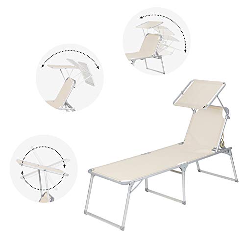 Sun Lounger, Sunbed, Large Reclining Sun Chair, 65 x 200 x 48 cm, Load Capacity 150 kg, with Reclining Backrest, Sunshade, Foldable, for Garden, Balcony, Terrace, Beige GCB26BE