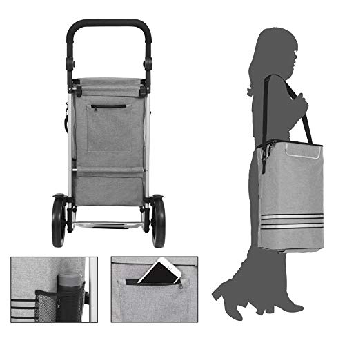 Shopping Trolley, Foldable Shopping Cart, Solid, with Insulated Cooling Bag, Large Capacity 35L, Multifunctional Luggage Cart with Wheels, Detachable Backpack, Grey KST02GY