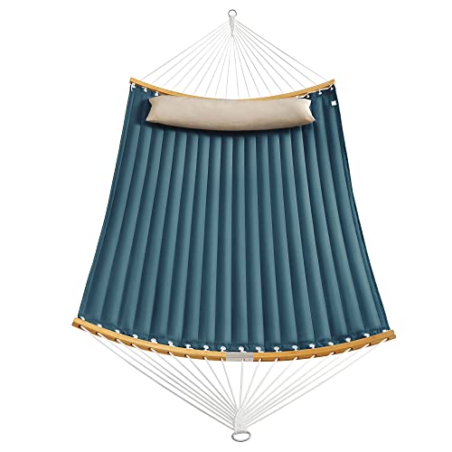 Padded Double Hammock, Quilted Hammock with Detachable Curved Bamboo Spreader Bars, Swing Bed with Pillow, Oxford Fabric, 200 x 140 cm, Load Capacity 225 kg, Blue and Beige GDC34QW