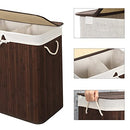 Divided Laundry Basket with Lid, Bamboo Laundry Hamper with 2 Sections, Removable Liners, Cotton Handles, 100L Storage Capacity, for Laundry Room, Bedroom, Brown LCB72Z