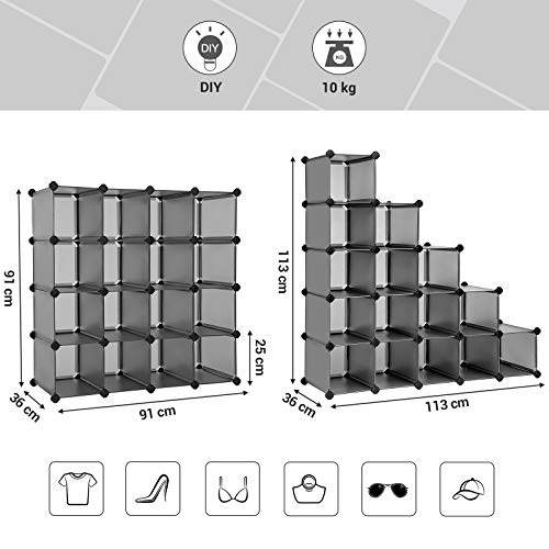 Interlocking Shoe Rack, Rectangular Storage Organiser, 15-Slot Modular DIY Storage Shelf Unit, Metal Wire Wardrobe, Grey LPC44G