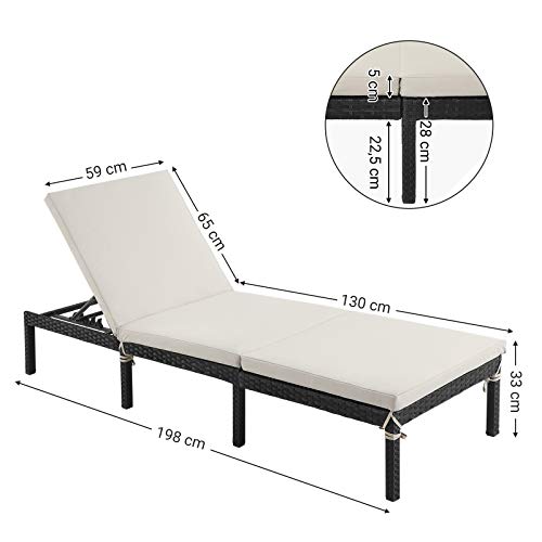 Sun Lounger, Sunbed with 5 cm Thick Mattress, Rattan-Like Surface, Reclining Backrest, 59 x 198 x 28 cm, Load Capacity 150 kg, for Garden, Terrace, Beige GCB27BRV1