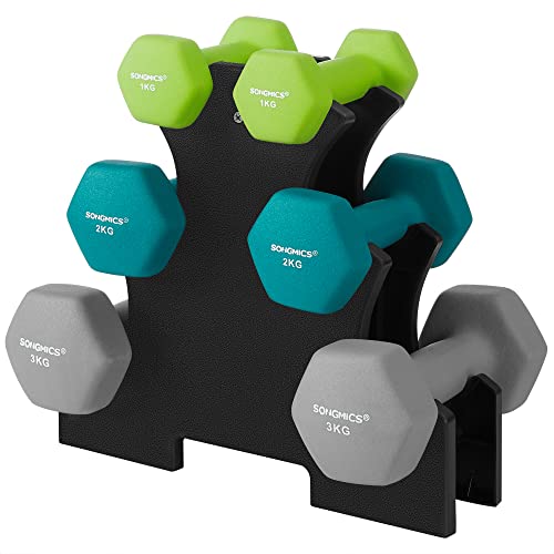 Hex Dumbbells Set with Stand - 2 x 1 kg, 2 x 2 kg, 2 x 3 kg, Neoprene Matte Finish, Hand Weights for Home Exercise, Lime, Teal, and Light Grey SYL612GN