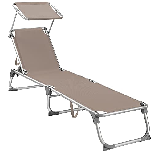 Sun Lounger, Sunbed, Reclining Sun Chair with Sunshade, Adjustable Backrest, Foldable, Lightweight, 55 x 193 x 31 cm, Load Capacity 150 kg, for Garden, Patio, Taupe Colour GCB19BR