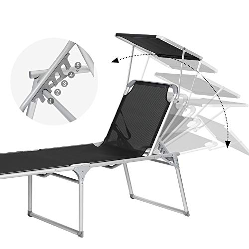 Sun Lounger, Sunbed, Large Reclining Sun Chair, 65 x 200 x 48 cm, Load Capacity 150 kg, with Reclining Backrest, Sunshade, Foldable, for Garden, Balcony, Terrace, Black GCB26BK