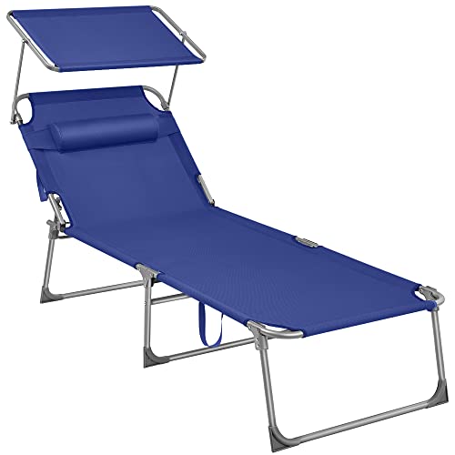 Lounger, Sunbed, Large Reclining Sun Chair, 71 x 200 x 38 cm, Load Capacity 150 kg, with Headrest, Reclining Backrest, Sunshade, Foldable, for Garden, Dark Blue GCB22BUV2