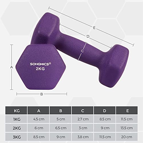 Hex Dumbbells Set with Stand, 2 x 1 kg, 2 x 1.5 kg, 2 x 2 kg, Hand Weights with Neoprene Matte Finish, for Home Exercise, Yellow, Orange, and Purple SYL69BK