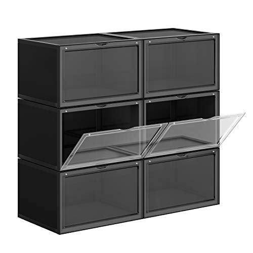 Shoe Boxes, Pack of 6 Stackable Shoe Organisers with Clear Door, Plastic Shoe Storage for UK Size 11, 36 x 28 x 22 cm, Black LSP06CB