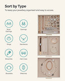 Schmuckkästchen mit Glasdeckel, 3-lagiger Schmuck-Organizer mit 2 Schubladen, Schmuckaufbewahrung, viel Stauraum, moderner Stil, Geschenk für die Liebsten, Wolkenweiß und Gold